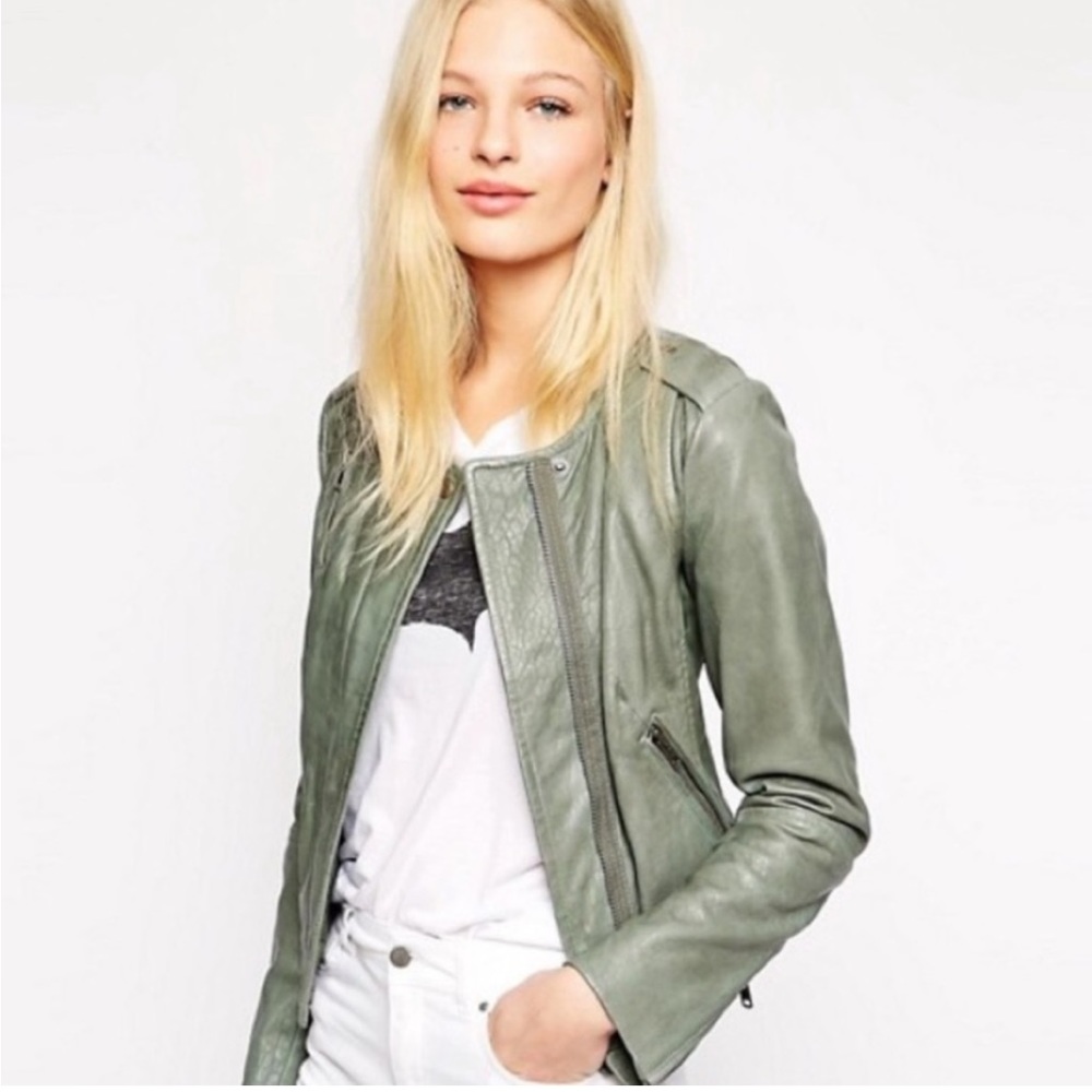 MUUBAA LONDON - Ramu Green Grey / Sage Lamb Leather Biker Jacket
